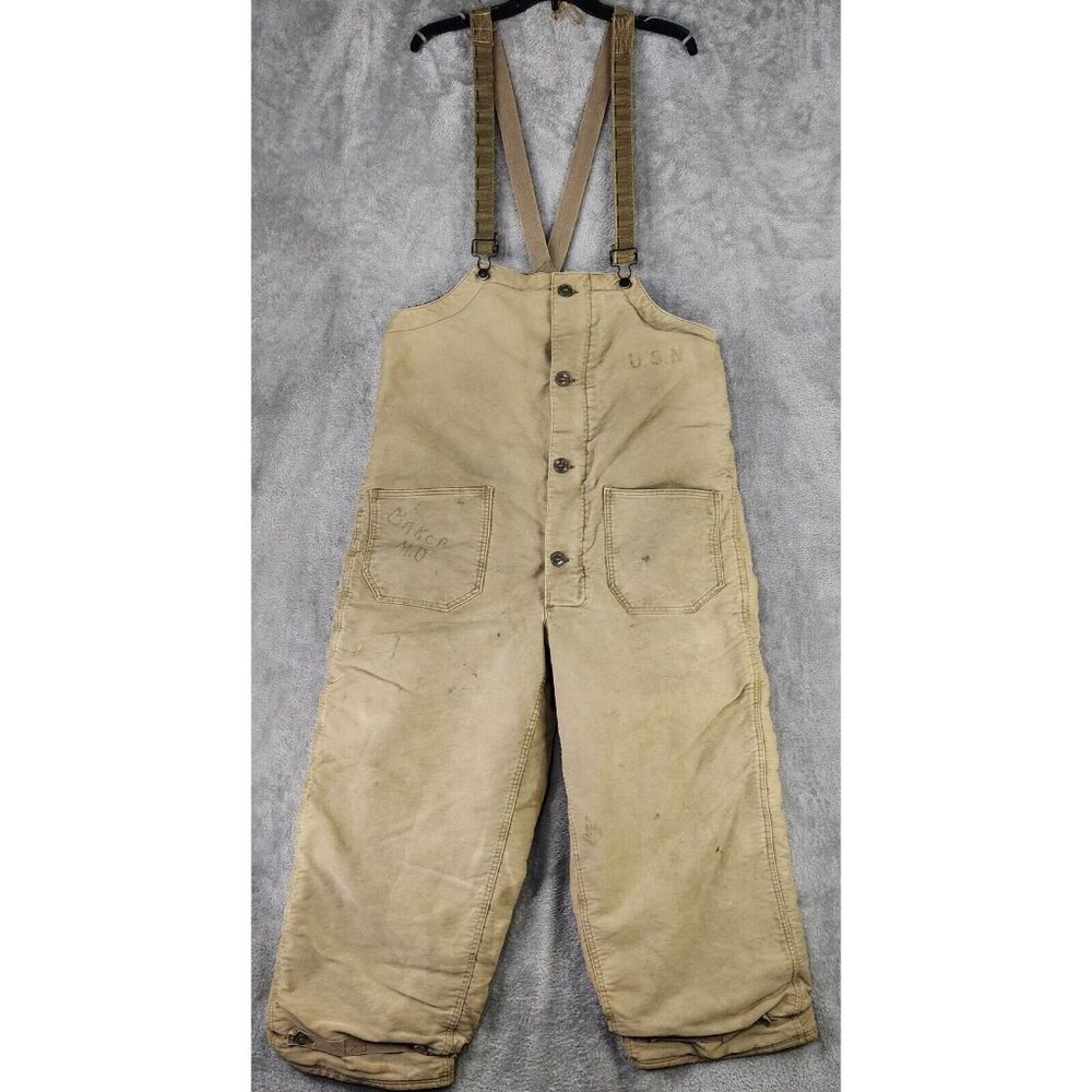 USN US Navy Deck Tanker Bibs Overalls Small Tan Wool Lining WW2 40s Vintage